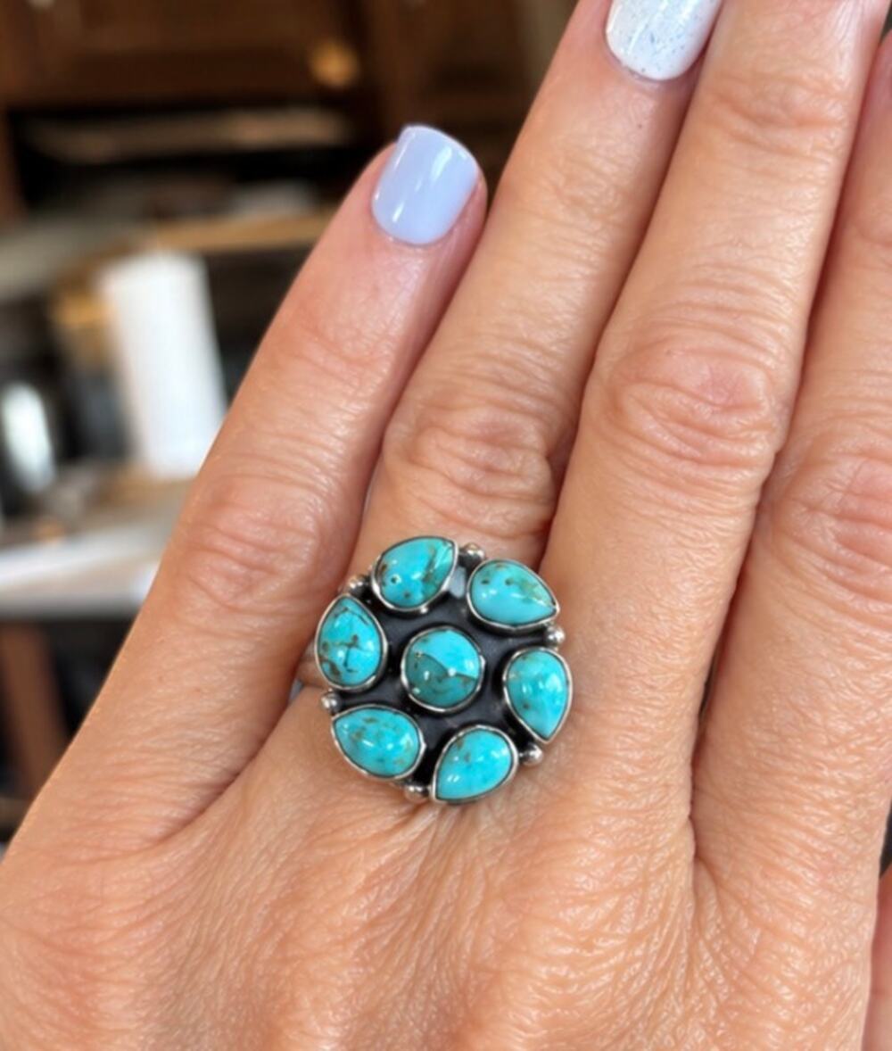 Stunning Kingman Turquoise Cluster In Sterling Silver Ring